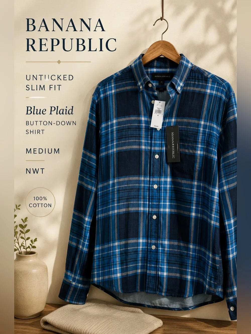 Banana Republic Untucked Slim Fit Blue Plaid Button-Down Shirt Medium NWT
